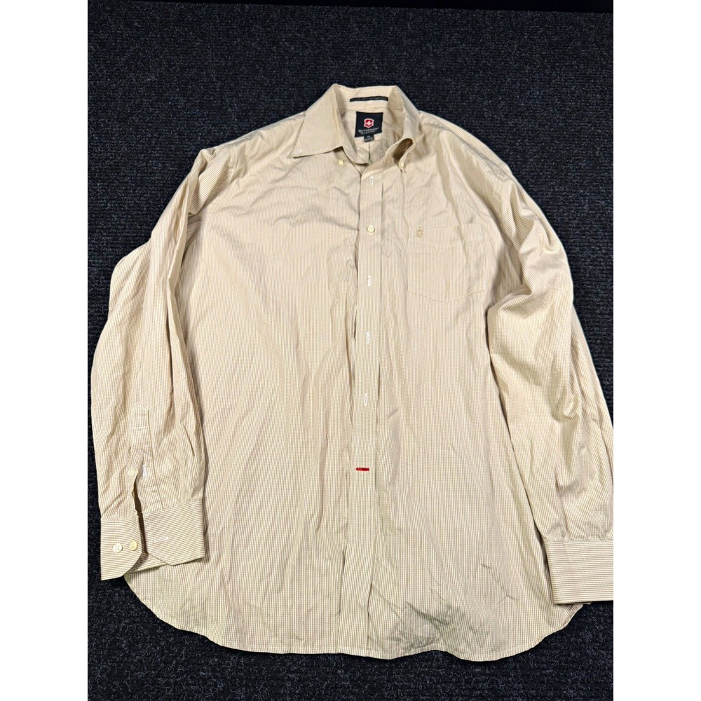 Victorinox Swiss Army Shirt Mens XL Tan Gingham 100% Cotton Type A-2 Button Down